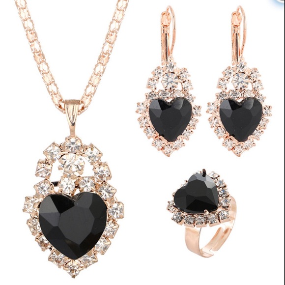 Jewelry - Black crystal rhinestone hearts 4 pc set gold necklace earrings ring set